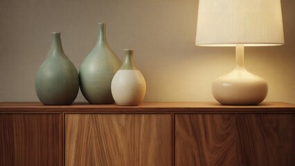 Elegant Scandinavian Interior Design with Decorative Ceramic Vases and Warm Lighting on Wooden Sideboard