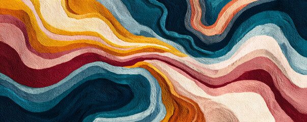 Abstract colorful wavy lines with textured brush strokes create dynamic and vibrant artistic pattern full of energy