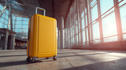 Yellow suitcase with wheels and handle standing in modern airport terminal with large windows and sunlight