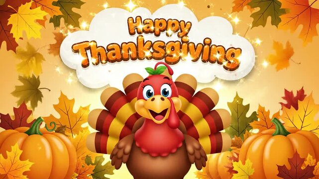 Happy Thanksgiving Cartoon Turkey and Pumpkins Autumn Leaves Background.