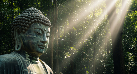 Gautam Buddha in Lantern Light on Full Moon Night, Buddha Statue in Forest Background for Buddh Purnima,