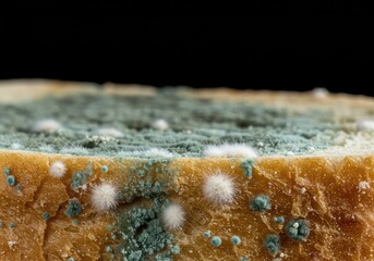 Extreme close up of decaying white bread covered with thick patches of blue green mold and fuzzy white fungi growth due to contamination ,pale ,stale ,spoiled