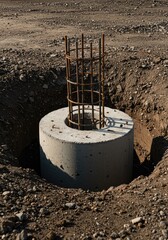Exposed reinforced concrete footing sunk deep into the ground, symbolizing strength, durable construction groundwork, and reliable stability ,business ,future ,established