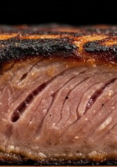 Extreme macro shot of a perfectly seared piece of protein showing the dark, crispy crust and juicy interior texture ,frying ,crust ,pattern
