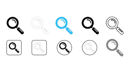 Search magnifier find explore icon set in solid line dot pixelated colourful styles