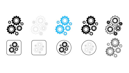 Settings gear icon set showing configuration control system in solid line dot pixelated colourful style for web app inte