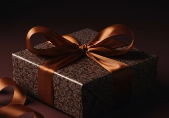 Festive close up of a beautifully wrapped present featuring luxurious patterned paper and elegant satin ribbon ready for a celebration ,texture ,ribbon ,pattern