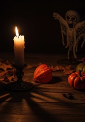 Flickering candlelight casting eerie shadows on a rustic wooden surface, highlighting creepy decorative autumn elements for the spooky holiday atmosphere ,darkness ,dark ,october