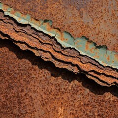Flaking layers of old, heavily rusted metal material detaching from a weathered industrial surface. Abstract pattern of decay and erosion ,corrosive ,material ,abrasive