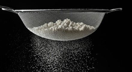 Fine white flour powder being sifted through a mesh screen, emphasizing the quality and texture of the freshly ground product from the milling process ,grinding ,supply chain ,commodity