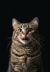 Fluffy domestic feline looking directly at the viewer with a playful and mischievous expression, tongue slightly extended in a cheeky gesture ,fluffy ,whimsical ,juvenile