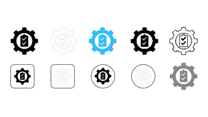 Task completion checklist gear system icon set in solid line dot pixelated colourful styles