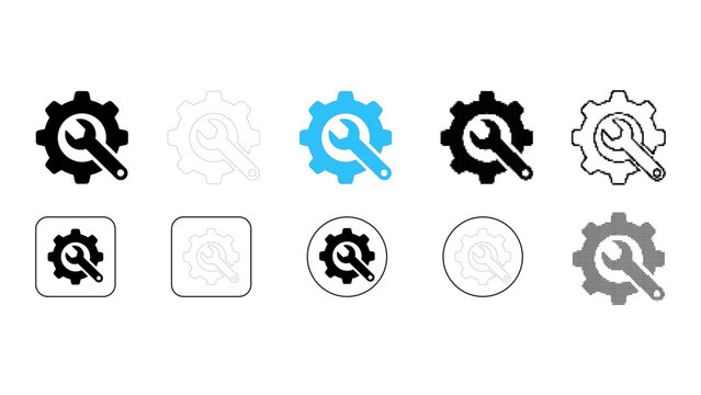 Settings gear wrench repair system icon set in solid line dot pixelated colourful styles