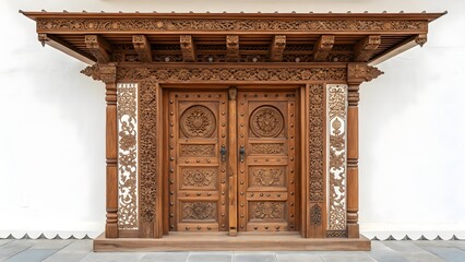 Traditional Carved Wooden Door with Ornate Columns &ndash; Heritage Architecture Detail for Cultural, Design, and Decor Themes