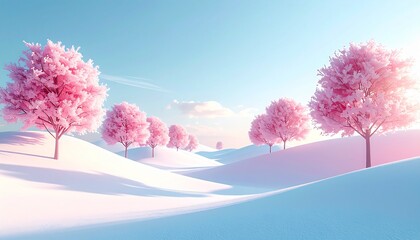 A serene winter landscape features frozen trees and a snowy forest road under a clear blue sky, capturing the frosty nature of a cold white season
