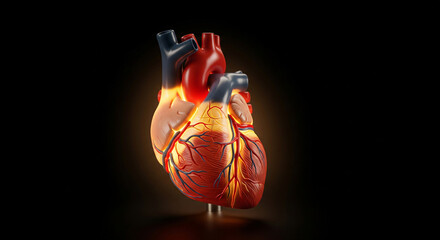 Human heart brightly illuminated in anatomical model, cardiology model isolated on black background