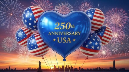 Blue heart balloon with gold 250th anniversary USA text over fireworks and city skyline sunset. Vibrant patriotic background for 2026 independence day celebration and marketing materials.