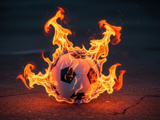 A soccer ball engulfed in blazing flames on a dark surface