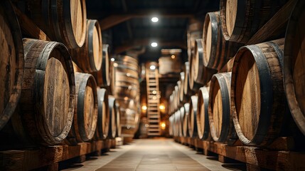 Rows of stacked oak wine barrels sit in dim cellar with wooden ladder leaning against them highlighting rustic winery atmosphere view.