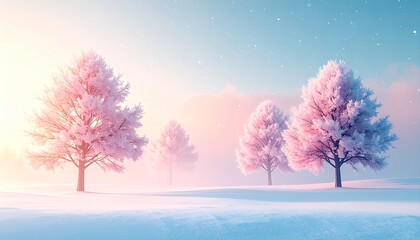 A beautiful snowy landscape features frozen trees and frosty branches under a blue sky in this cold winter nature scene