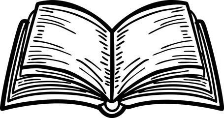 Open book with visible pages, reading and knowledge concept black and white illustration