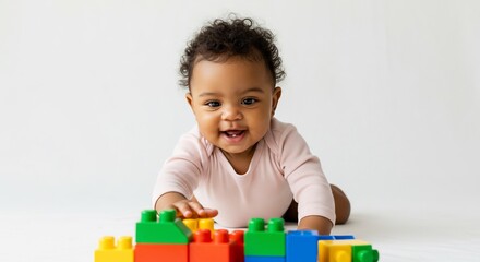 明るく広がる白い背景と温かい光の中でカラフルな積み木に手を伸ばす愛らしい赤ちゃん 満面の笑顔と好奇心に満ちた瞳が輝き見る人の心を和ませる無邪気な遊びの瞬間. AI Generated