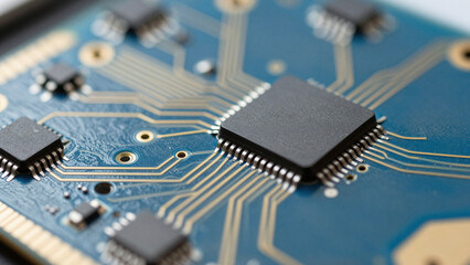 Macro detail of a blue futuristic circuit board with metallic pathways and electronic components.