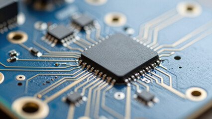 Macro detail of a blue futuristic circuit board with metallic pathways and electronic components.