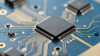 Macro detail of a blue futuristic circuit board with metallic pathways and electronic components.