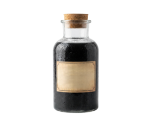 A glass bottle filled with dark liquid, sealed with a cork, featuring a blank label for customization.