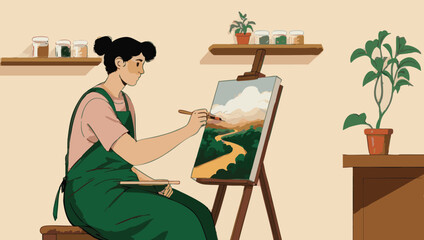 Artist at Work - Painting a Landscape in a Cozy Studio