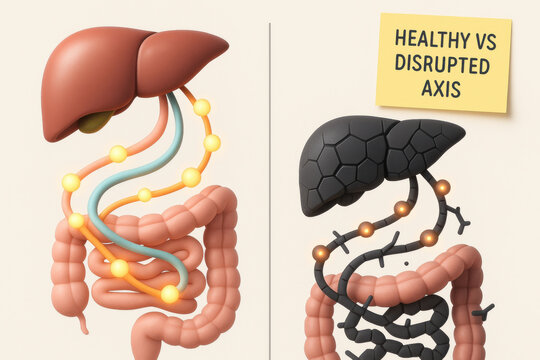 Liver gut axis comparison showing healthy balance versus disrupted pathway. This medical illustration map depicts clean scientific layout of digestive system and microbiome