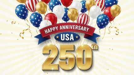 USA 250th anniversary festive poster with gold numbers and balloons on sunburst background for 250 years of American independence celebration, banner for national parade and event.