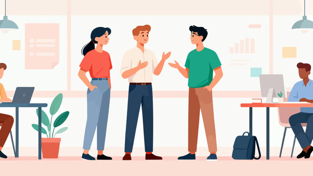 A group of people are standing in a room, talking to each other. Scene is friendly and social
