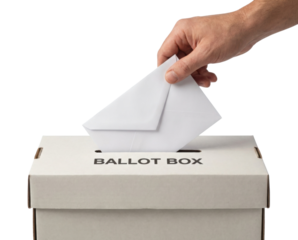 A hand deposits a white envelope into a ballot box labeled 'BALLOT BOX,' symbolizing the voting process.