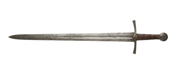 A long, medieval sword with a detailed hilt and a weathered blade, showcasing craftsmanship and historical significance.