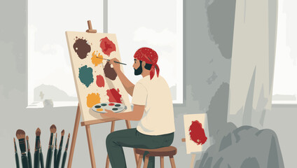 Artist painting on canvas in studio with brushes and paints