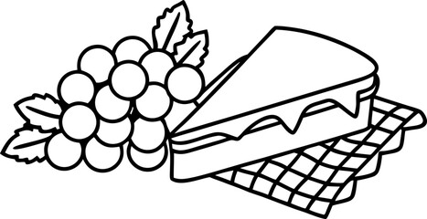 Grapes and cheesecake slice on checkered cloth, sweet dessert with fresh fruit