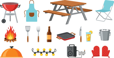 Barbecue summer party equipment, backyard picnic tools, outdoor grill accessories, wooden table, campfire, food and drink vector icons, garden celebration elements.