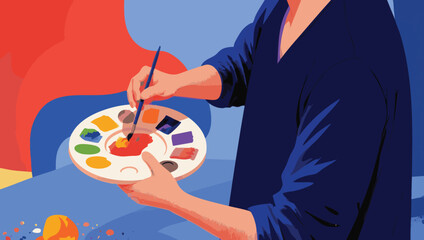 Artist painting with a palette and brush in a studio