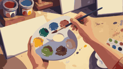 vector Artists Palette and Brush - A Colorful Creative Workspace.