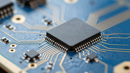 Macro detail of a blue futuristic circuit board with metallic pathways and electronic components.