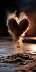 Earthy soil heart shape rising from ground with falling debris