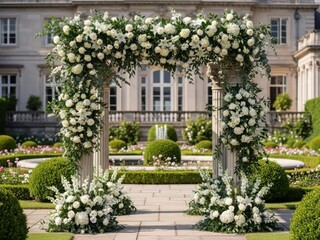 Elegant wedding archway adorned with white flowers in a grand garden