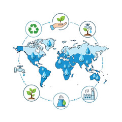 Infographic illustration of a blue world map surrounded by icons representing eco-friendly concepts like recycling, sustainability, and conservation on a white background.