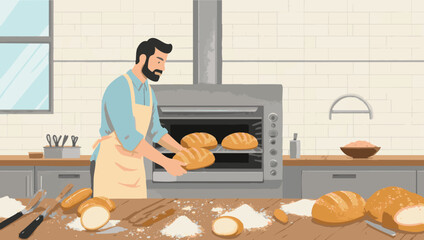 vector Baker taking fresh bread out of oven in bakery kitchen