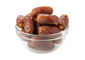 brown dates in glass bowl on white background