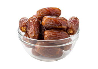 brown dates in glass bowl on white background