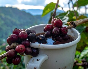 A close-up view of a mug filled with dark liquid, with coffee berries still attached to the plant resting on its rim. Green foliage