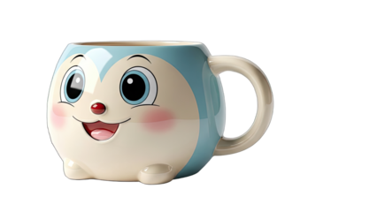 Adorable cartoon mug with large blue eyes and rosy cheeks character cute isolated on a transparent background